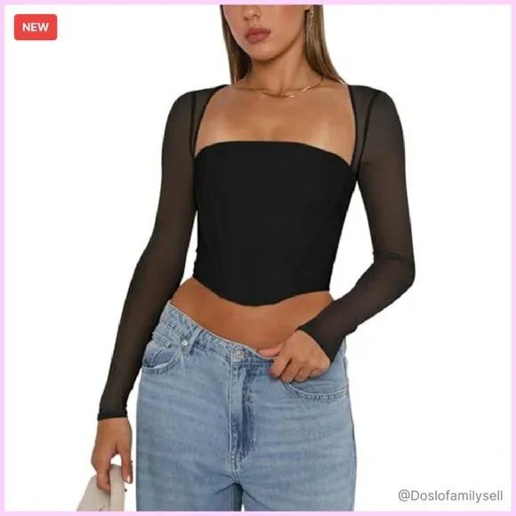 Mesh Long Sleeve Boned Corset Top Y2K Square Neck Bustier Crop Tops - Picture 2 of 8